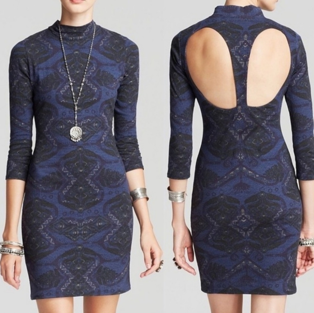 Free People Cute and Cozy Mock Neck Geo Print Bodycon Dress Size XS